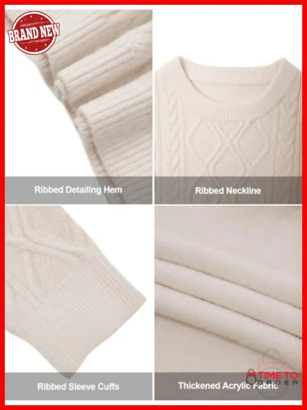 Oversized Vintage Cable Knit Crewneck Pullover Sweater Women